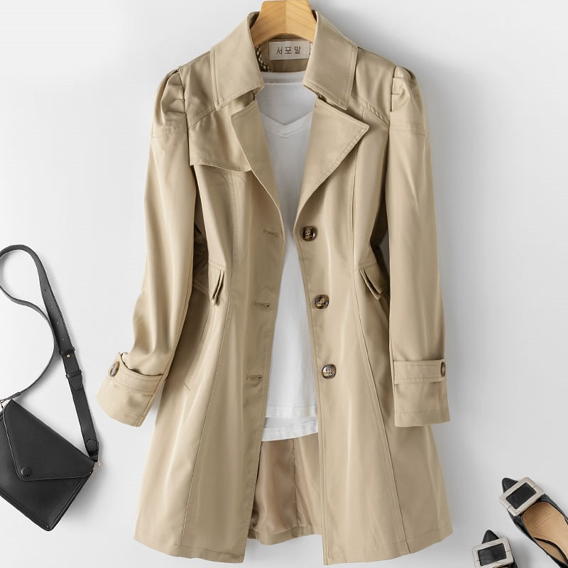 Women's One-Button Trench Coat with Padded Shoulders