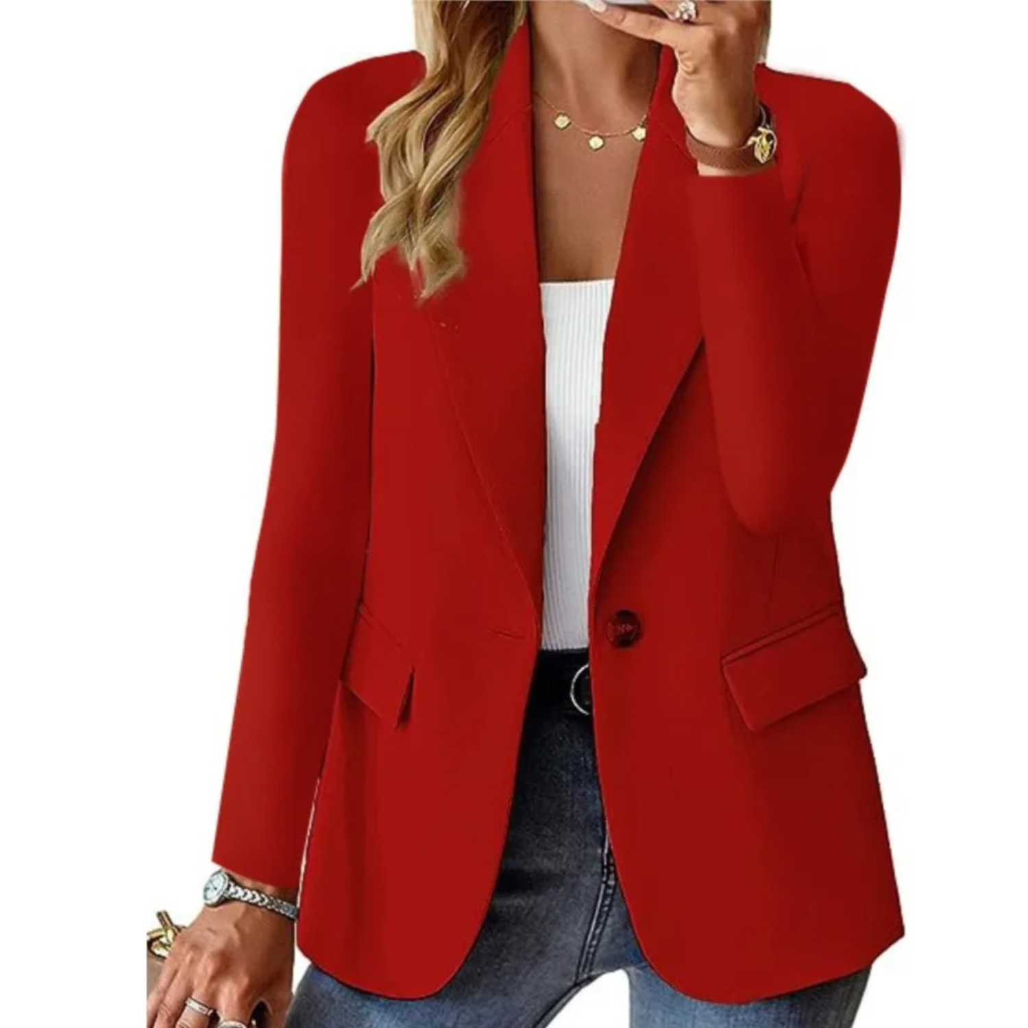Women's Blazer with Button Closure and Functional Pockets