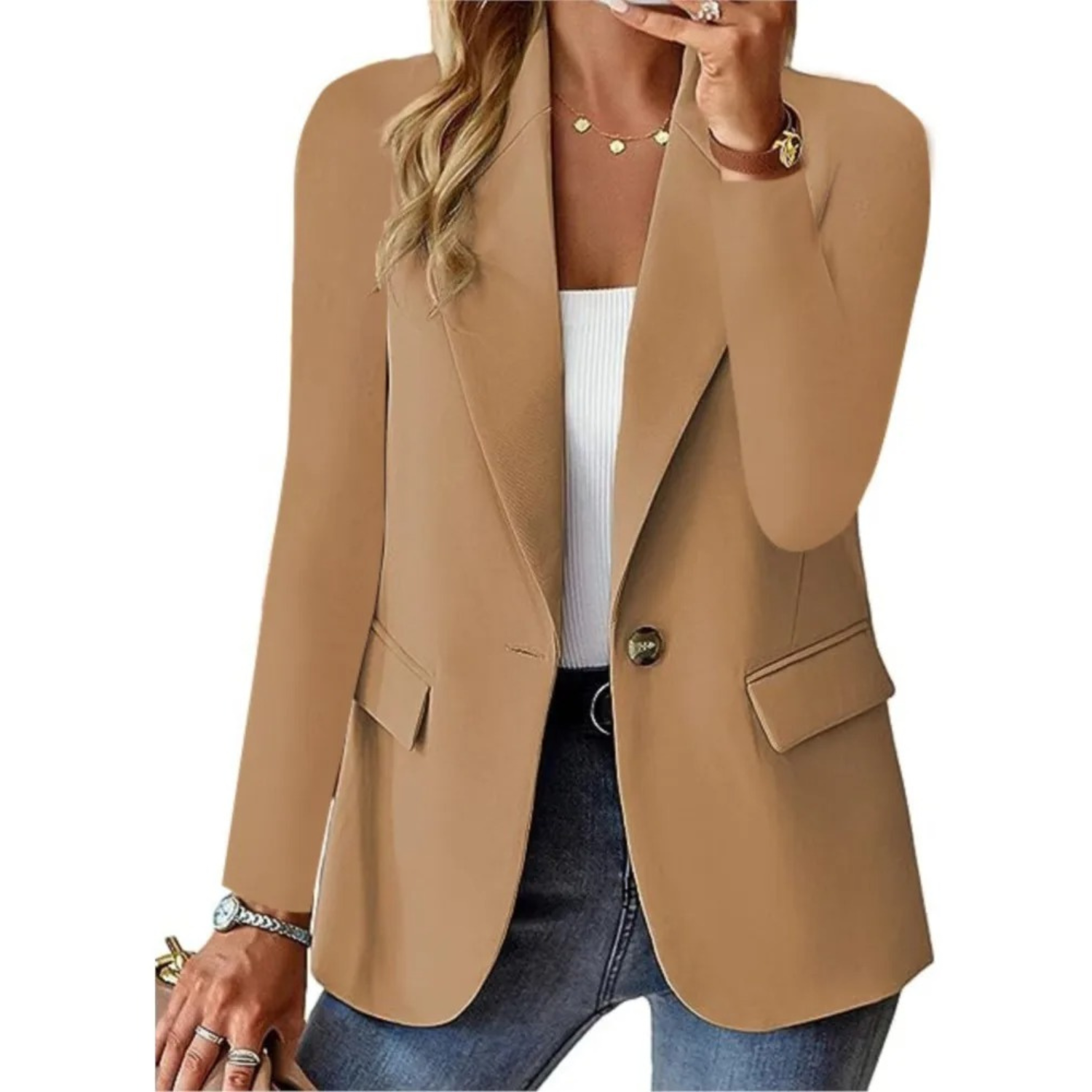 Women's Blazer with Button Closure and Functional Pockets