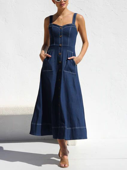 Casual Strap Denim Midi Dress with Button-Up Detail