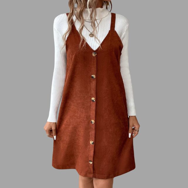 V-Neck Corduroy Dress with Strap Details and Button Accents