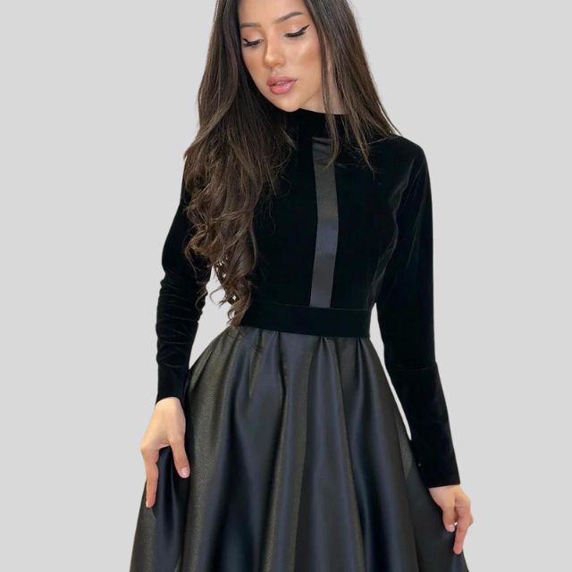 Stylish Velvet Turtleneck Dress with Flared Hem