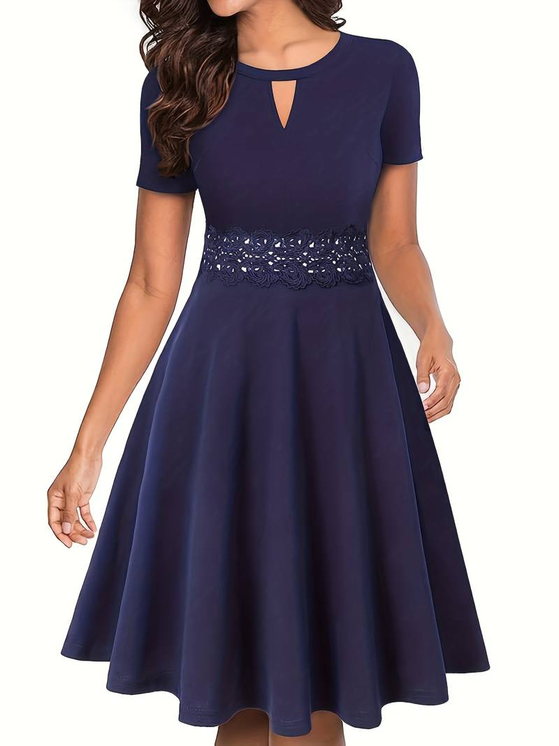 Chic Blue Dress with Lace Accents and Fitted Waist