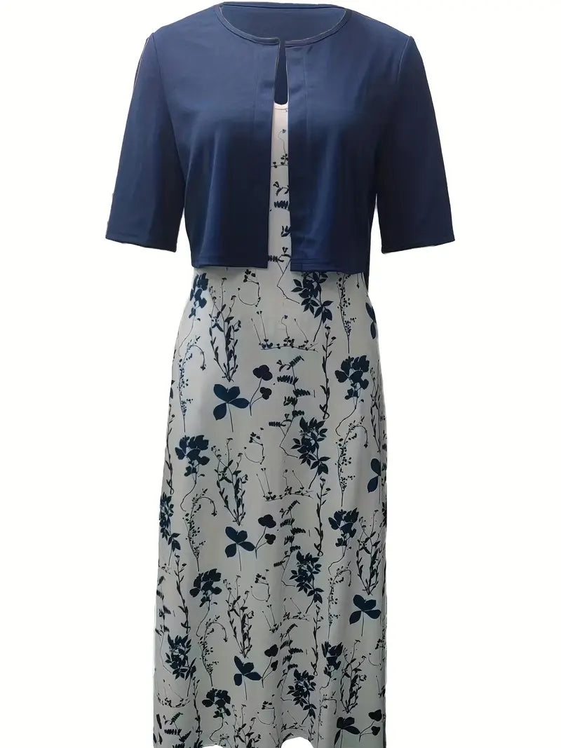 Stylish Floral Two-Piece Dress Set with Solid Crop Top and Round Neckline