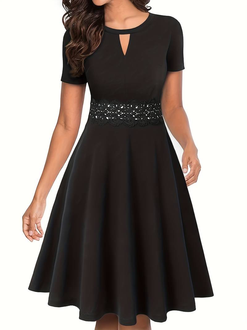 Chic Blue Dress with Lace Accents and Fitted Waist